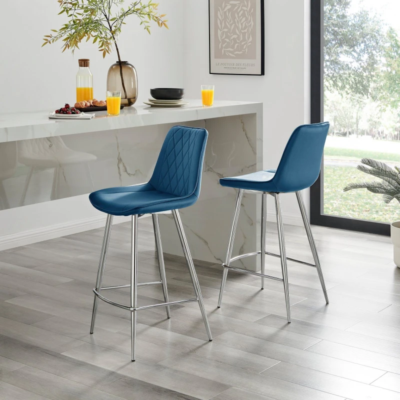 Image of FurnitureboxUK FurnitureboxUK Pesaro Set of 2 Velvet Silver Legs Bar Chair in Navy Navy One Size Unisex 5056542696541