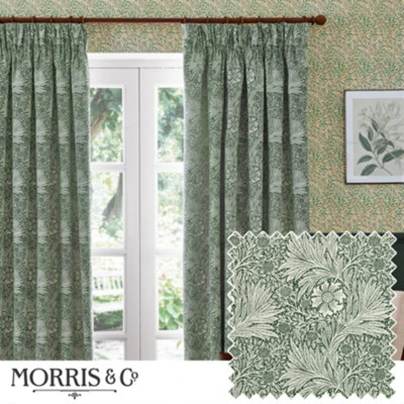 Image of Morris & Co Morris & Co Marigold Jacquard Floral Room Darkening Pencil Pleat Curtains in Green Size: 117cm width x 137cm drop Green 117cm width x 13