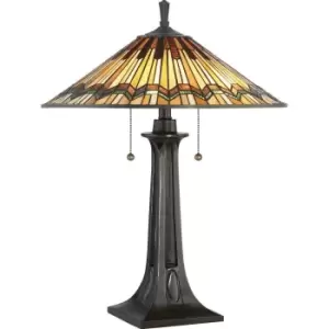 Image of 2 Bulb Twin Table Lamp Tiffany Style Coloured Glass Valiant Bronze LED E27 60W