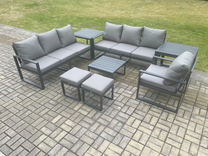 Image of Fimous Aluminium 9 Seater Outdoor Garden Furniture Lounge Sofa Set with Square Coffee Table Chair 2 Small Footstools 2 Side Table Dark Grey Dark Grey