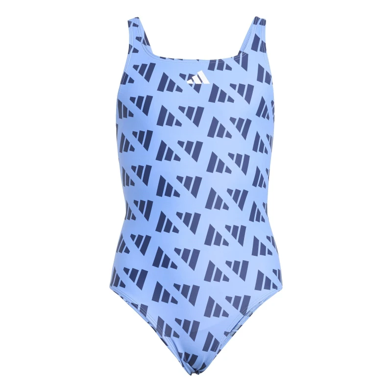 Image of adidas Logo Graphic V-Back Swimsuit Juniors Blue female 7-8 Years