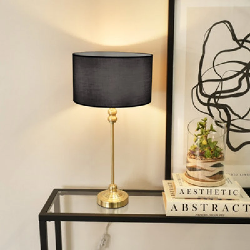 Image of ValueLights ValueLights Maggie Gold Metal Candlestick Slim Table Lamp with Fabric Drum Lamp Shade in Black One Size Unisex 5059406046100