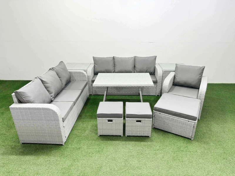 Image of Fimous 9 Pieces Outdoor PE Rattan Garden Furniture with 2 Side Tables 3 Stool in Light Grey Light Grey Unisex