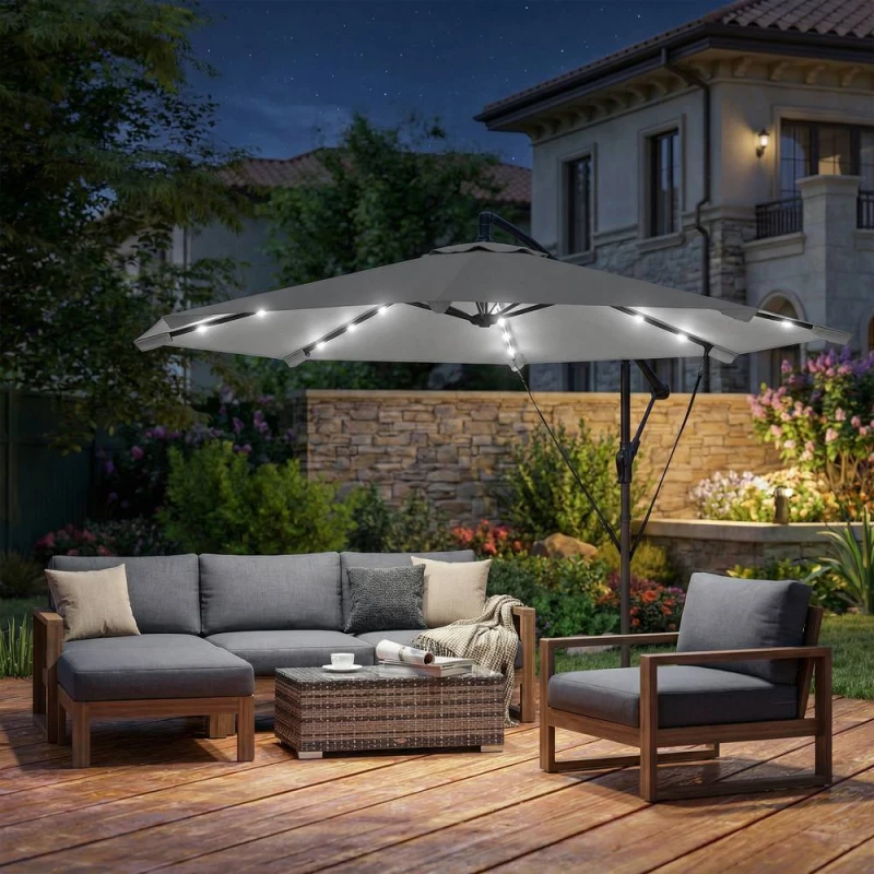 Image of OUTSUNNY 3m Cantilever Parasol Solar LED Lights, Light Grey Size: 3m Light Grey Unisex 3m