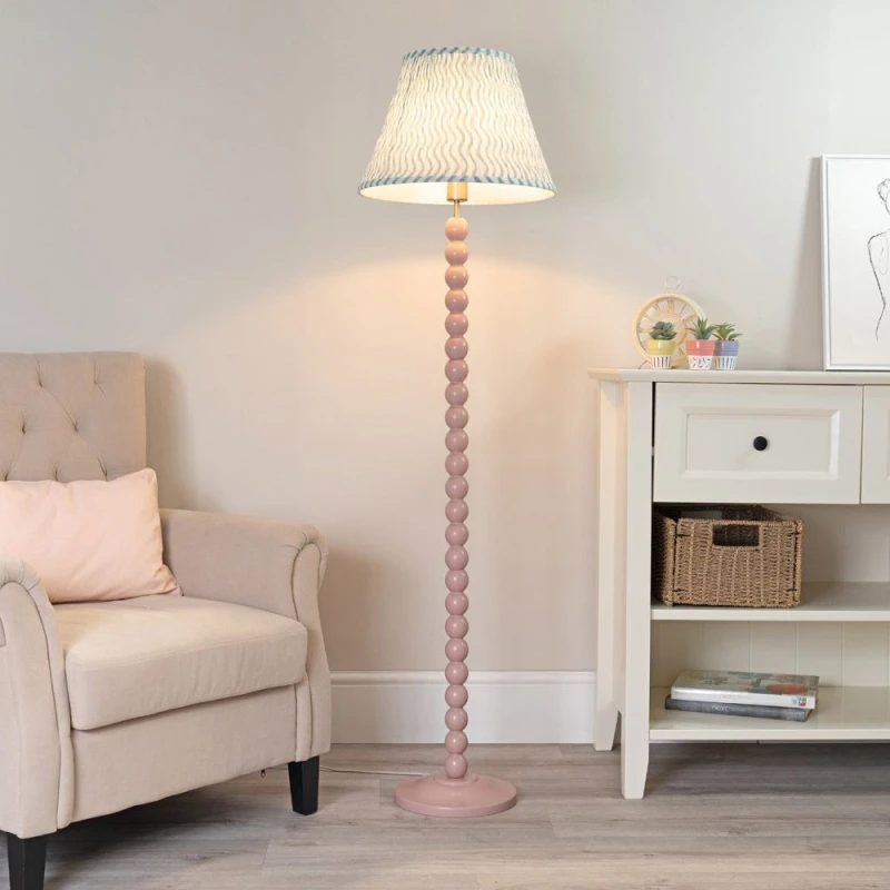 Image of ValueLights Bobbins Painted Rose Pink Floor Lamp with Tapered Fabric Pleated Shade Green