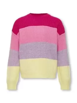 Image of Only Kids Girls Sandy Colour Block Knitted Jumper - Fuchsia Purple, Pink, Size Age: 13-14 Years, Women