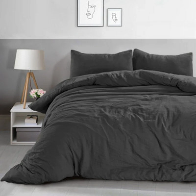 Image of Velosso Minimalist Microfibre Duvet Cover & Pillowcase Set, Breathable Fabric, Machine Washable, Wrinkle-Resistant - Charcoal