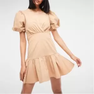 Missguided Wrap Puff Sleeve Poplin Mini Dress - Nude