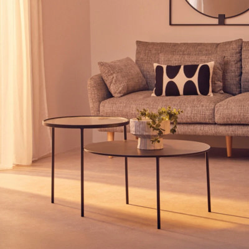 Image of Orsina Layered Round Coffee Table, Metal And Glass Top Coffee Table, Black Coffee Table, Industrial Coffee Table