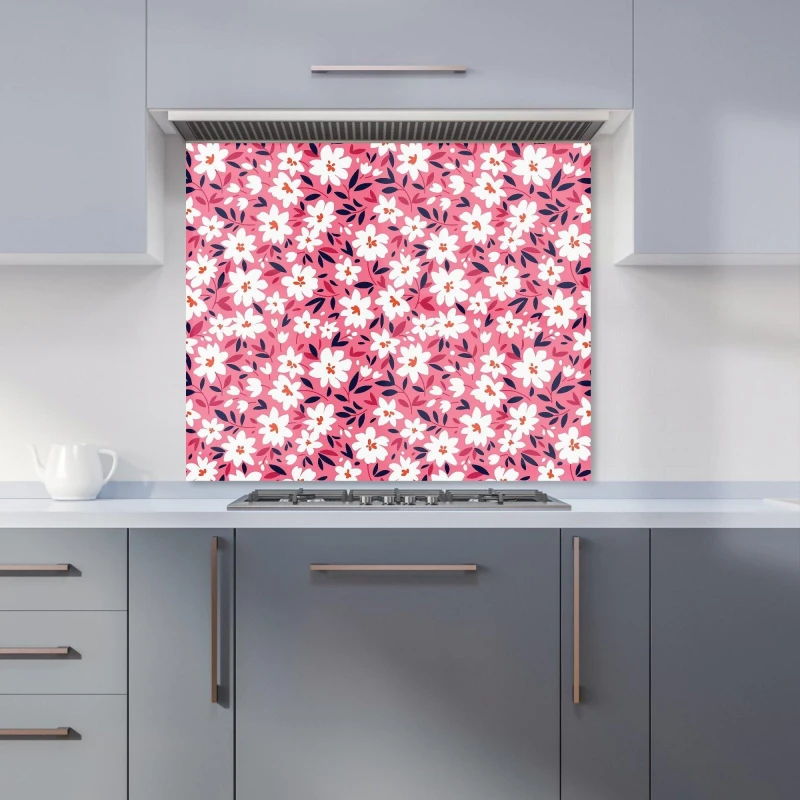 Image of Warren Reed - Designer Small Cute White Flower Pattern Kitchen Splashback in Pink Size: 600mm x 650mm Pink Unisex 600mm x 650mm