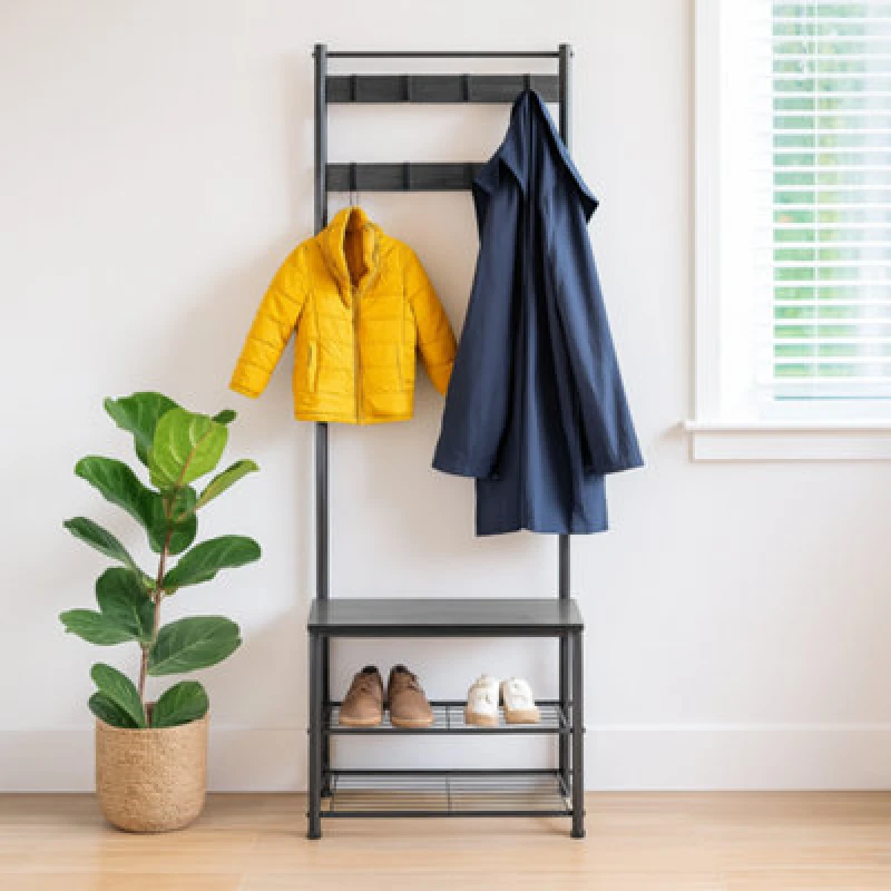 Image of Harbour Housewares Square Steel Coat Rack with Shoe Storage Bench Black unisex