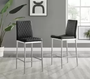 image of Set of 2 Milan Hatched Faux Leather Padded Bar Stools With Silver Chrome Metal Legs