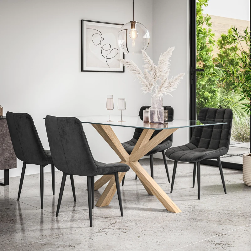 Image of More4Homes Etta Glass Dining Table And Chairs - Glass Top W Solid Oak Legs + Nova Velvet Dining Chair Set Of 4 (Black)