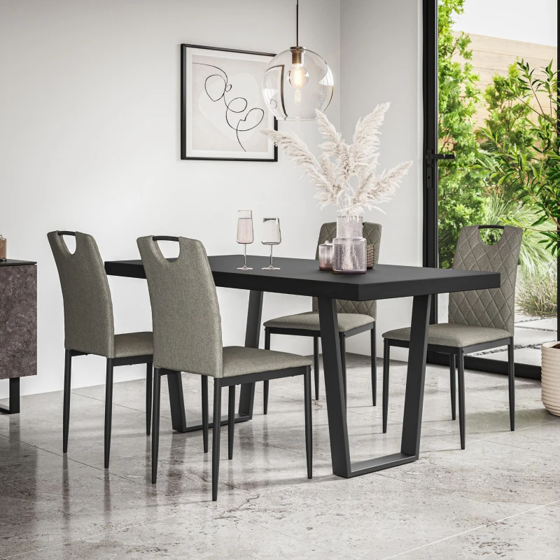 Image of More4Homes Aria Dining Table And Chairs - Black Table Top W Black Legs + Monza Linen Dining Chair Set Of 4 (Grey)