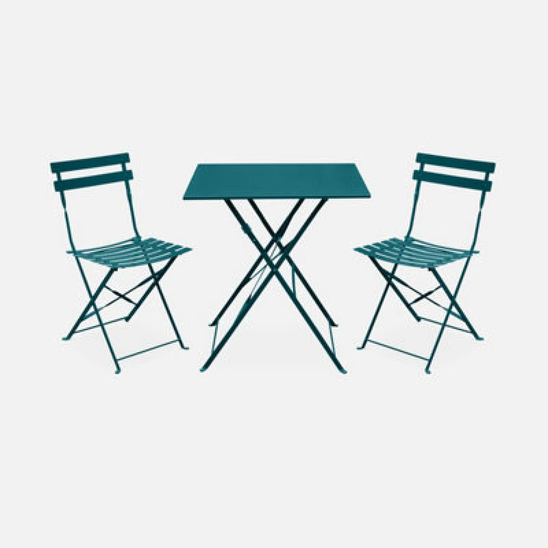 Image of Sweeek. Folding Metal Bistro Garden Table 70 X 70Cm 2 Chairs Emilia Duck Blue 70X70X71 Cm
