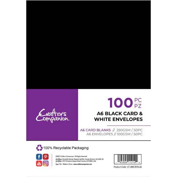 Crafter's Companion A6 Black Card Blanks & White Envelopes 250 GSM Pack of 25