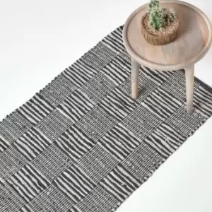 Image of Black & White Real Leather Handwoven Striped Block Check Rug, 66 x 200cm - Black - Homescapes
