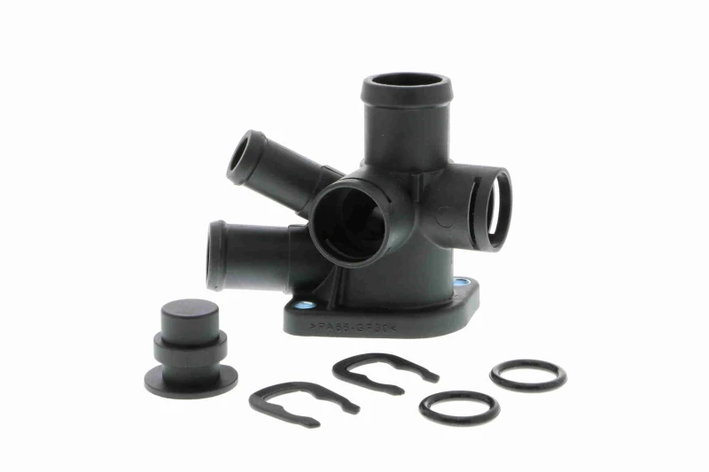 Image of VAICO V10-0431 Coolant Flange with clip, with gaskets/seals, Cylinder Head, Original VAICO Quality Coolant Flange (3219)