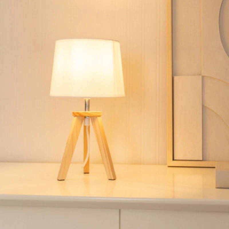 Image of ValueLights Jackson Wooden Tripod Table Lamp with Fabric Shade and LED Bulb Natural
