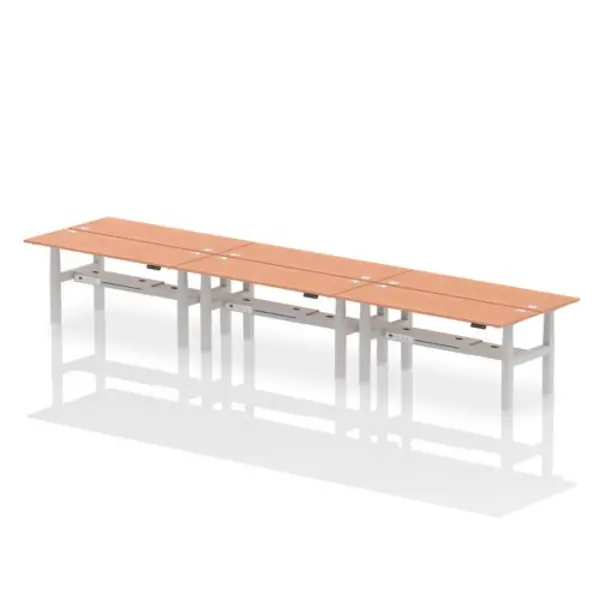 Image of Air Air Back-to-Back 1800 x 600mm Height Adjustable 6 Person Bench Desk Beech Top with Cable Ports Silver Frame HASCP6P18600BCHS