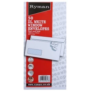 image of Ryman White Envelopes DL 90gsm Window Peel and Seal - Pack of 50