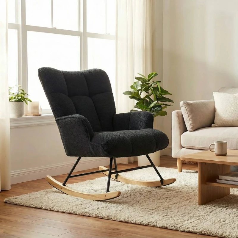 Image of Alivio Comfortable Teddy Rocking Arm Chair for Nursery Bedroom Balcony in Black Unisex