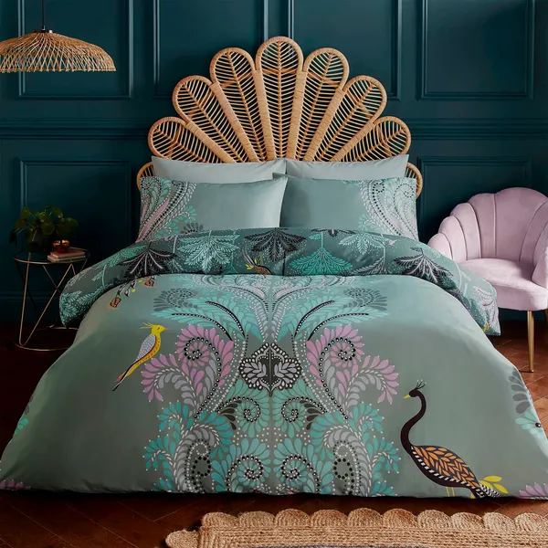 image of Sara Miller Peacock Filigree Duvet Set, Super King, Dark Sage