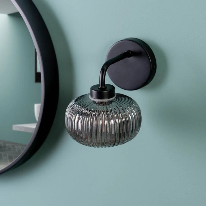 Image of ValueLights Amaia Pair of Matte Black IP44 Rated Single Smoked Ribbed Glass Wall Lights Black