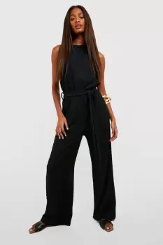 Image of Textured Halterneck Belted Wide Leg Jumpsuit