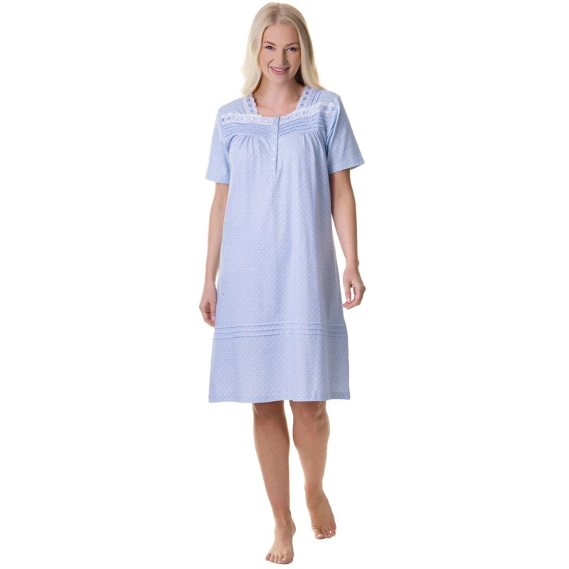 Image of Camille 100% Cotton Short Sleeve White Polka Dot Nightdress Blue female 10-12