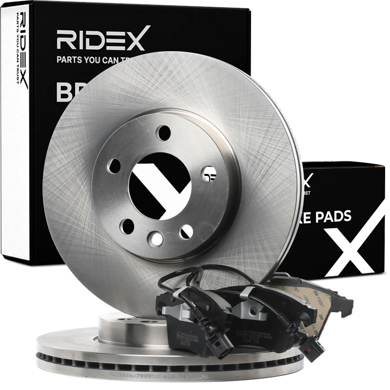 Image of RIDEX 3405B0409 Brake disc and pads set Front Axle, Brake Disc Type: Vented, with integrated wear sensor Brake Set,disc brakes (3405)