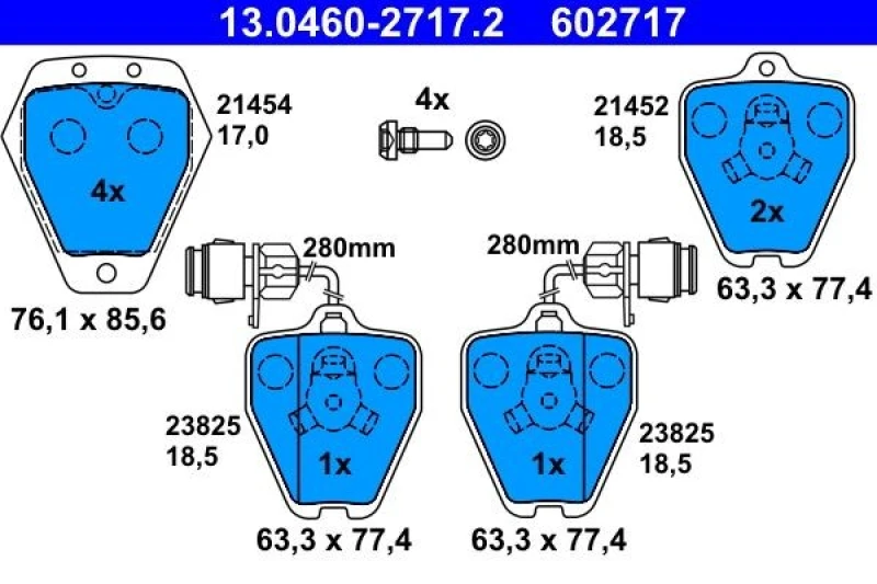 Image of ATE 13.0460-2717.2 Brake pad set incl. wear warning contact, with brake caliper screws Brake Pad Set,disc brake (402)