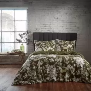 Image of Lavish Floral Printed Piped Cotton Sateen Duvet Cover Set Moss, Moss / Super King