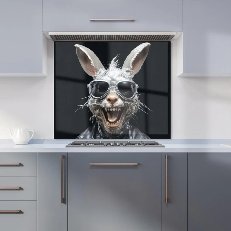 Image of Warren Reed - Designer Funky Rabbit Face With Glasses Kitchen Splashback in Grey Size: 600mm x 750mm Grey Unisex 600mm x 750mm