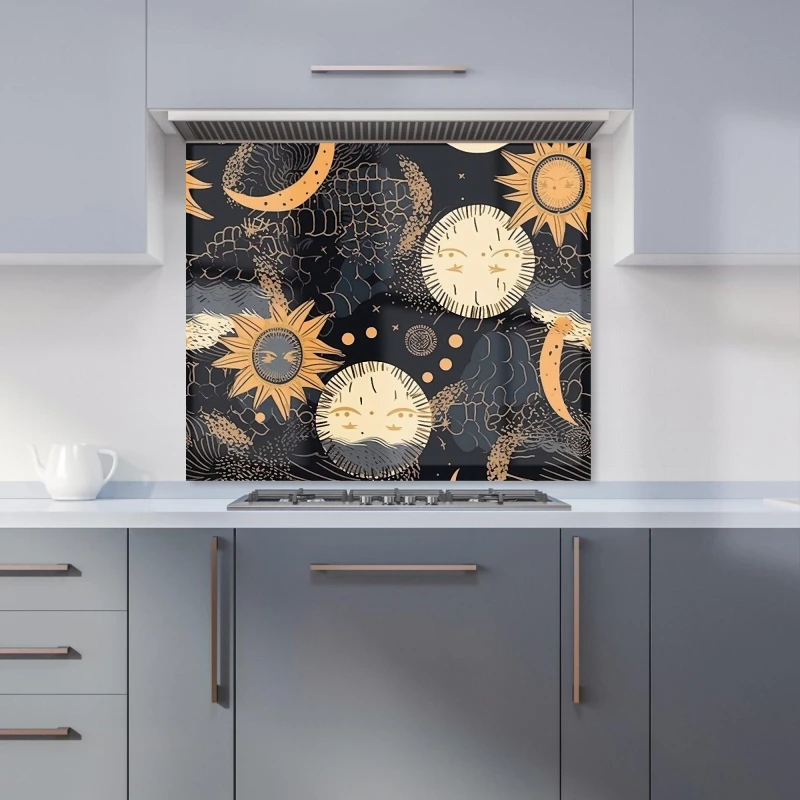 Image of Warren Reed - Designer Gold Sun & Moon Kitchen Splashback in Yellow Size: 600mm x 750mm Yellow Unisex 600mm x 750mm