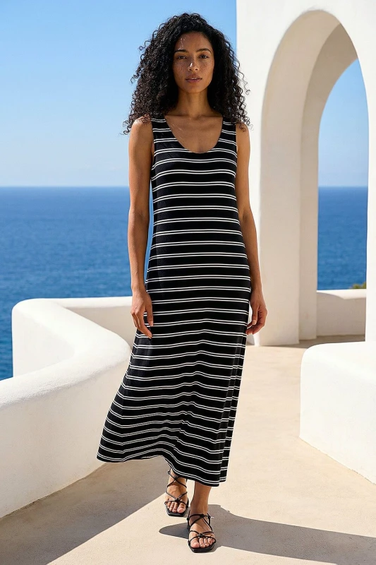 Image of Roman Womens Stripe Cross Back Stretch Maxi Dress in Black Size: 10 Black Female 10