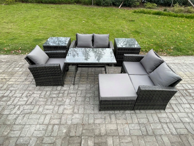 Image of Fimous Wicker PE Rattan Garden Dining Set Outdoor Furniture Sofa with Rectangular Dining Table Love Seat Sofa 2 Side Tables Big Footstool in Dark Grey
