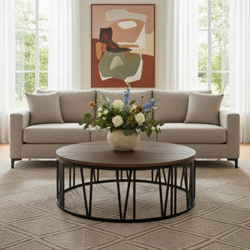 Image of Premier Housewares Interiors by Premier Round Coffee Table, Industrial Chic Farmhouse Coffee table, Solid Wood Coffee Table, Black Metal Coffee Table