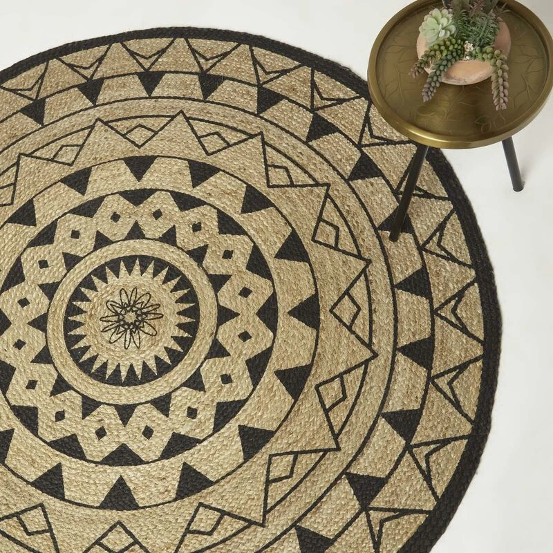 Image of Homescapes Natural & Black Mandala Braided Jute Rug Size: 150cm diameter Natural Unisex 150cm diameter