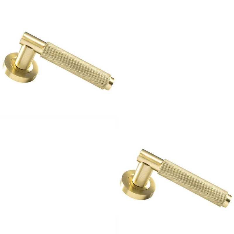 Image of Loops 2x PAIR Knurled Grip Round Bar Handle on Round Rose Concealed Fix Satin Brass Metallics