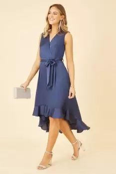 image of Navy Satin Dipped Hem Wrap Over Midi Dress