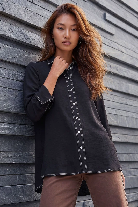 Image of Roman Womens Constrast Stitch Shirt in Black Size: 10 Black Female 10