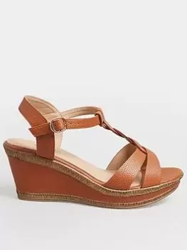 image of Yours Yours Extra Wide Fit Comfort Cross Plaited Strap Wedge Tan, Brown, Size 4, Women