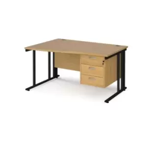 image of Office Desk Left Hand Wave Desk 1400mm With Pedestal Oak Top With Black Frame Maestro 25 MCM14WLP3KO