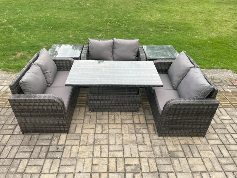 Image of Fimous Rattan Garden Outdoor Furniture 3 PC Love Sofa Set Patio Adjustable Rising lifting Dining Table With 2 Side Tables Dark Grey