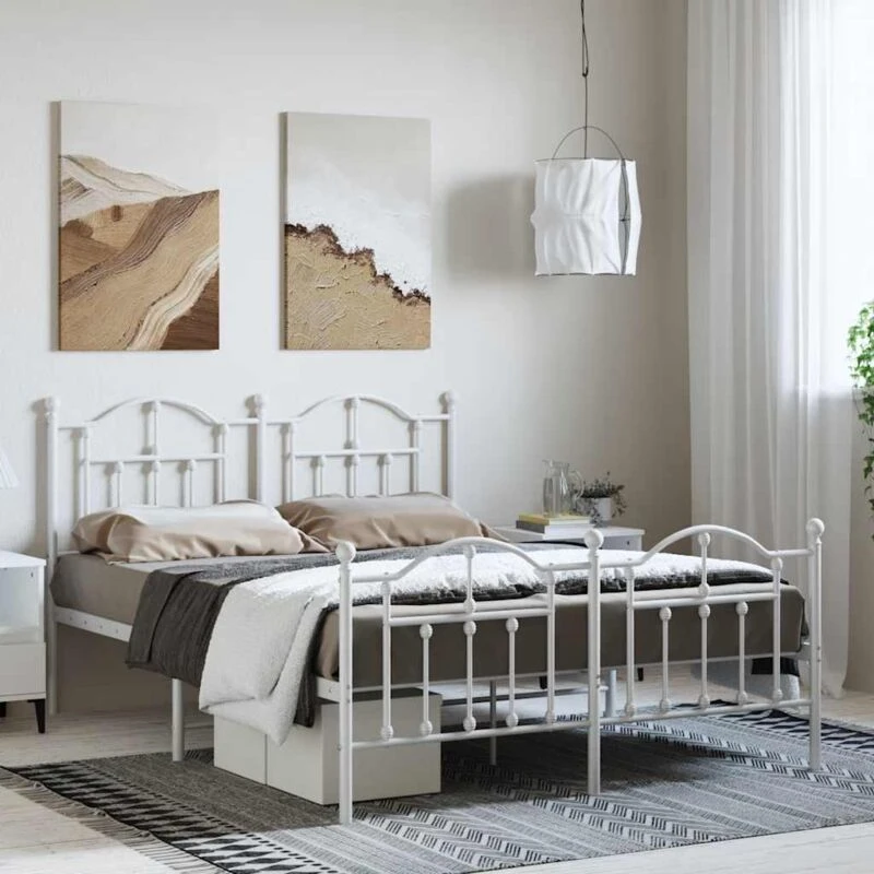Image of Vidaxl Metal Bed Frame With Headboard And Footboard White 135X190 Cm Double, White 353505