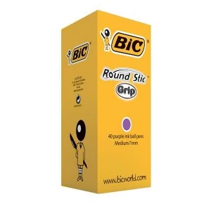 image of Bic Round Stic Grip Ballpoint Pens 1.0mm Tip 0.4mm Line Purple Pack of 40 Pens