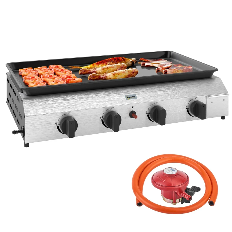 Image of Outsunny Gas Grill, Gas BBQ with Non-Stick Griddle for Camping, Silver Tone, Silver 846-133V72SR