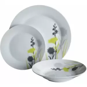 Image of Green / White Dinner Sets for Dinner or Lunch / Modern Flower Motif Design Dinner Set for 12 / High-Quality Plates Set Made of Dolomite 28 x 17 x 28