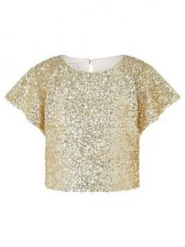 Monsoon Girls Dawn Sequin Flutter Top - Gold, Size Age: 12-13 Years, Women